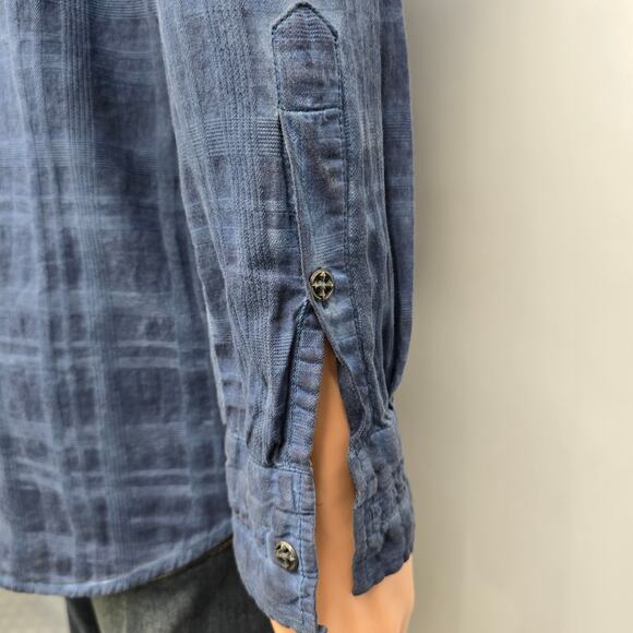 Affliction Black Premium Shirt Blue Plaid Long Roll tab Sleeves Dual Pockets L - Picture 11 of 13